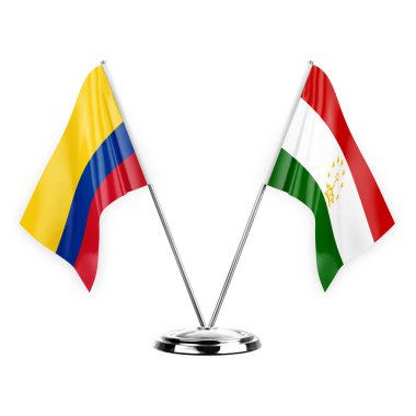 Two table flags isolated on white background 3d illustration, colombia and tajikistan