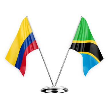 Two table flags isolated on white background 3d illustration, colombia and tanzania