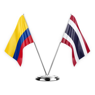 Two table flags isolated on white background 3d illustration, colombia and thailand