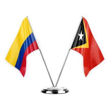 Two table flags isolated on white background 3d illustration, colombia and timor leste