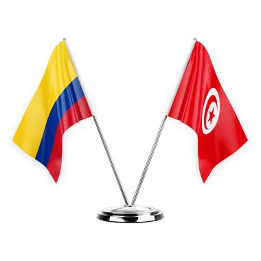 Two table flags isolated on white background 3d illustration, colombia and tunisia