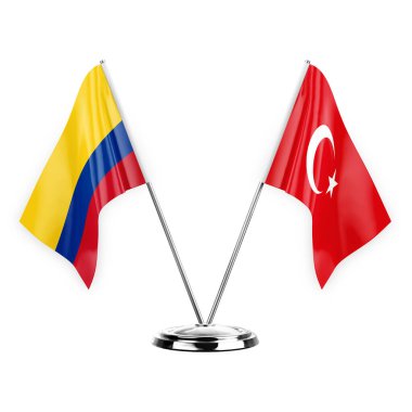 Two table flags isolated on white background 3d illustration, colombia and turkey