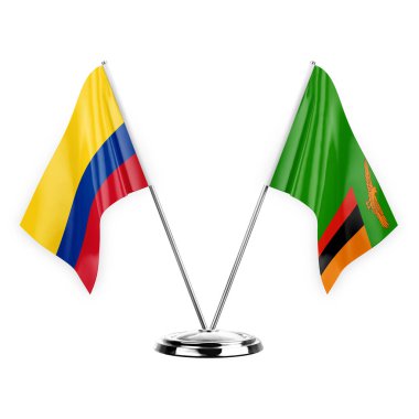 Two table flags isolated on white background 3d illustration, colombia and zambia