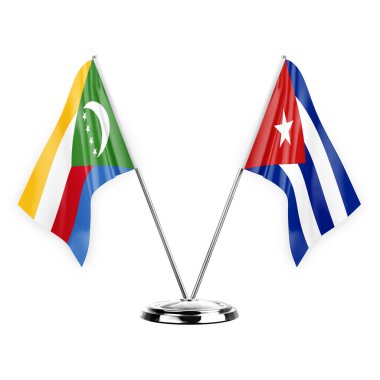 Two table flags isolated on white background 3d illustration, comoros and cuba