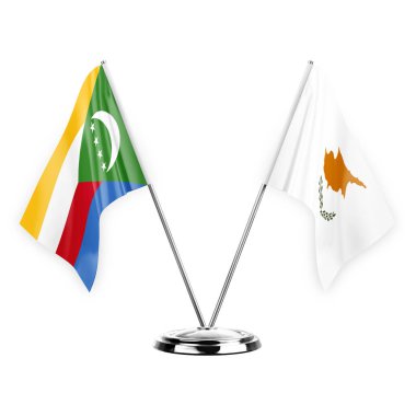 Two table flags isolated on white background 3d illustration, comoros and cyprus