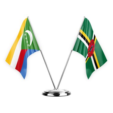 Two table flags isolated on white background 3d illustration, comoros and dominica