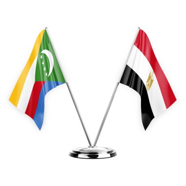 Two table flags isolated on white background 3d illustration, comoros and egypt