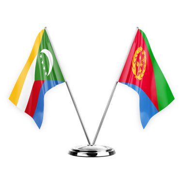 Two table flags isolated on white background 3d illustration, comoros and eritrea