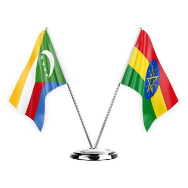Two table flags isolated on white background 3d illustration, comoros and ethiopia