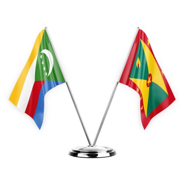Two table flags isolated on white background 3d illustration, comoros and grenada