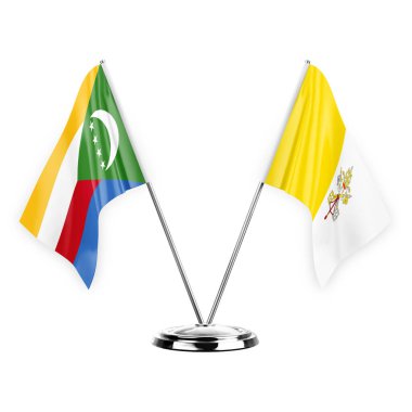 Two table flags isolated on white background 3d illustration, comoros and holy see