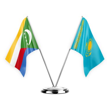 Two table flags isolated on white background 3d illustration, comoros and kazakhstan