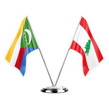 Two table flags isolated on white background 3d illustration, comoros and lebanon