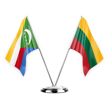 Two table flags isolated on white background 3d illustration, comoros and lithuania