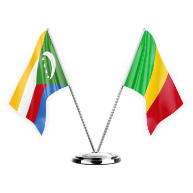 Two table flags isolated on white background 3d illustration, comoros and mali