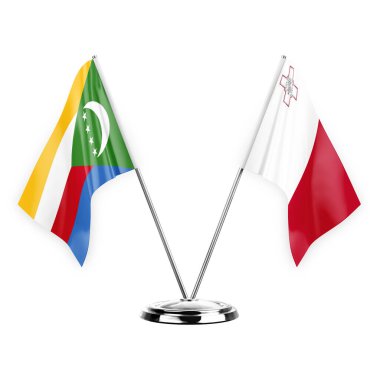 Two table flags isolated on white background 3d illustration, comoros and malta