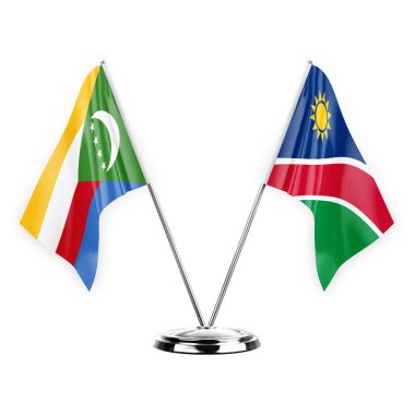 Two table flags isolated on white background 3d illustration, comoros and namibia