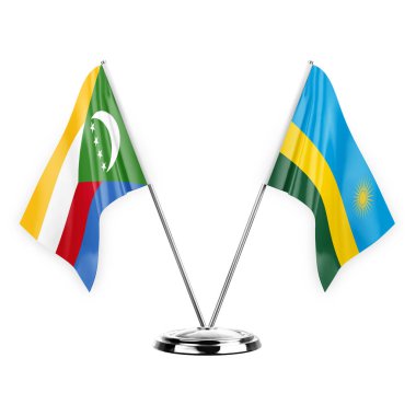 Two table flags isolated on white background 3d illustration, comoros and rwanda