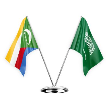 Two table flags isolated on white background 3d illustration, comoros and saudi arabia