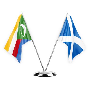 Two table flags isolated on white background 3d illustration, comoros and scotland