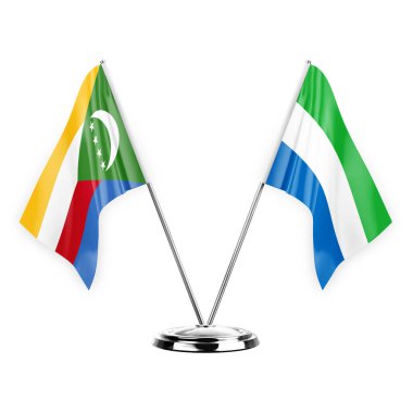 Two table flags isolated on white background 3d illustration, comoros and sierra leone