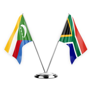Two table flags isolated on white background 3d illustration, comoros and south africa