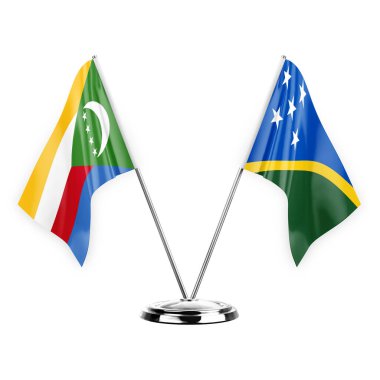 Two table flags isolated on white background 3d illustration, comoros and solomon islands