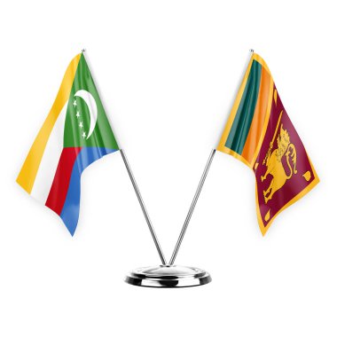 Two table flags isolated on white background 3d illustration, comoros and sri lanka