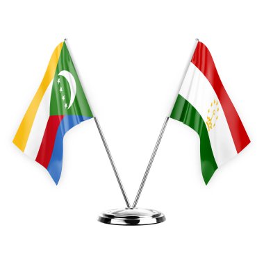 Two table flags isolated on white background 3d illustration, comoros and tajikistan