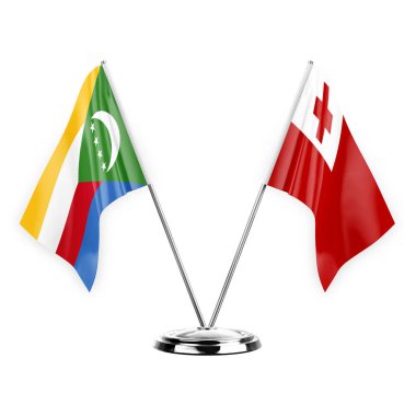 Two table flags isolated on white background 3d illustration, comoros and tonga