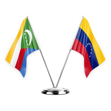Two table flags isolated on white background 3d illustration, comoros and venezuela