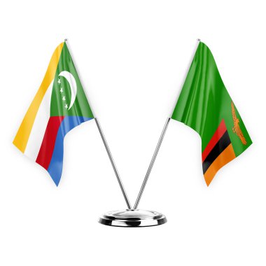 Two table flags isolated on white background 3d illustration, comoros and zambia