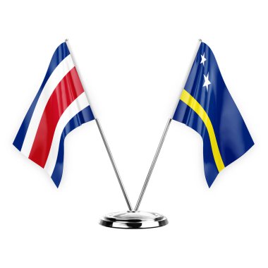 Two table flags isolated on white background 3d illustration, costa rica and curacao