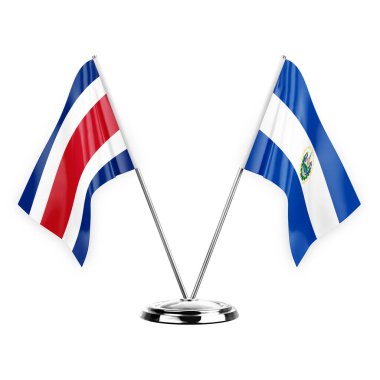 Two table flags isolated on white background 3d illustration, costa rica and el salvador