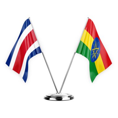 Two table flags isolated on white background 3d illustration, costa rica and ethiopia