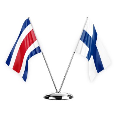 Two table flags isolated on white background 3d illustration, costa rica and finland