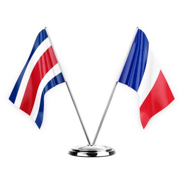 Two table flags isolated on white background 3d illustration, costa rica and france