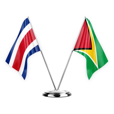 Two table flags isolated on white background 3d illustration, costa rica and guyana