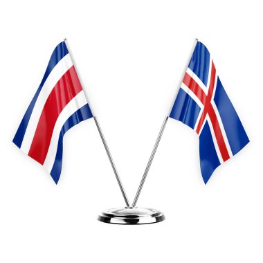 Two table flags isolated on white background 3d illustration, costa rica and iceland