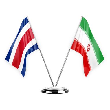 Two table flags isolated on white background 3d illustration, costa rica and iran