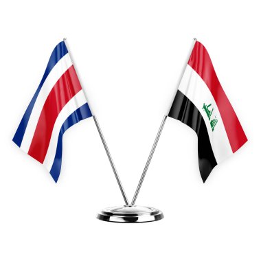 Two table flags isolated on white background 3d illustration, costa rica and iraq