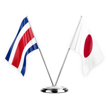 Two table flags isolated on white background 3d illustration, costa rica and japan