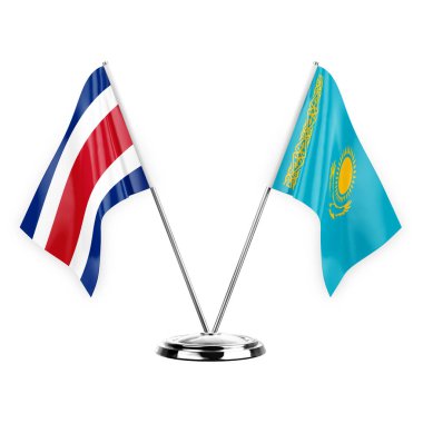 Two table flags isolated on white background 3d illustration, costa rica and kazakhstan