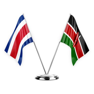 Two table flags isolated on white background 3d illustration, costa rica and kenya