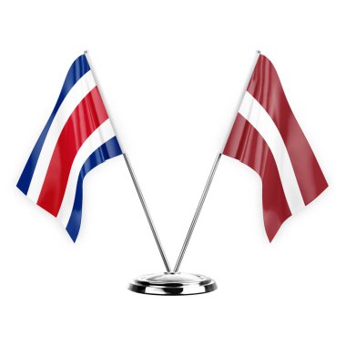 Two table flags isolated on white background 3d illustration, costa rica and latvia