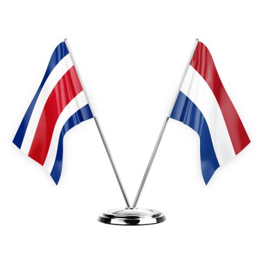 Two table flags isolated on white background 3d illustration, costa rica and netherlands