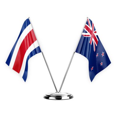 Two table flags isolated on white background 3d illustration, costa rica and new zealand