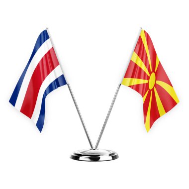 Two table flags isolated on white background 3d illustration, costa rica and north macedonia