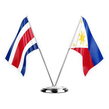 Two table flags isolated on white background 3d illustration, costa rica and philippines