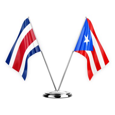 Two table flags isolated on white background 3d illustration, costa rica and puerto rico